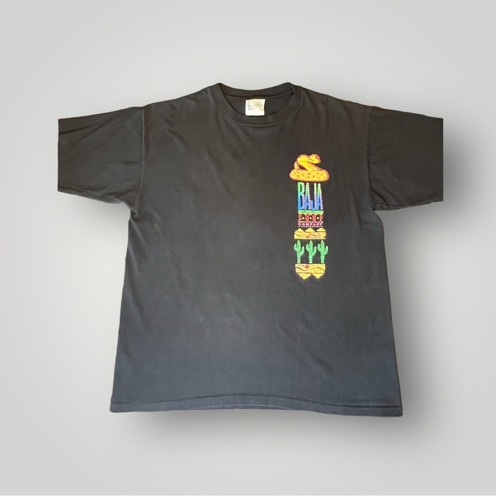 Vintage 90s Baja Surf Company Black Single Stitch Neon Graphics Men's T-Shirt XL
